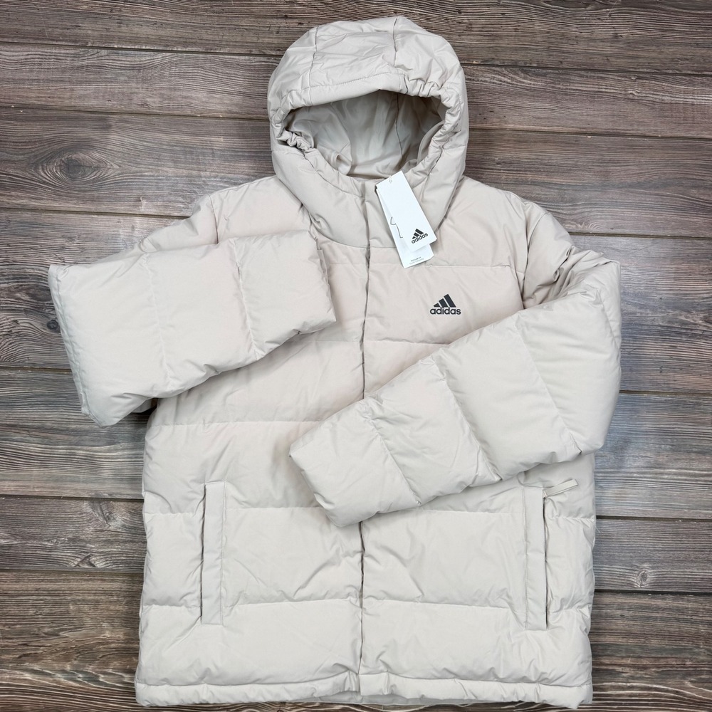 Adidas Mens Large Helionic Down Puffer Jacket Beige Hood Full Zip Insulated New